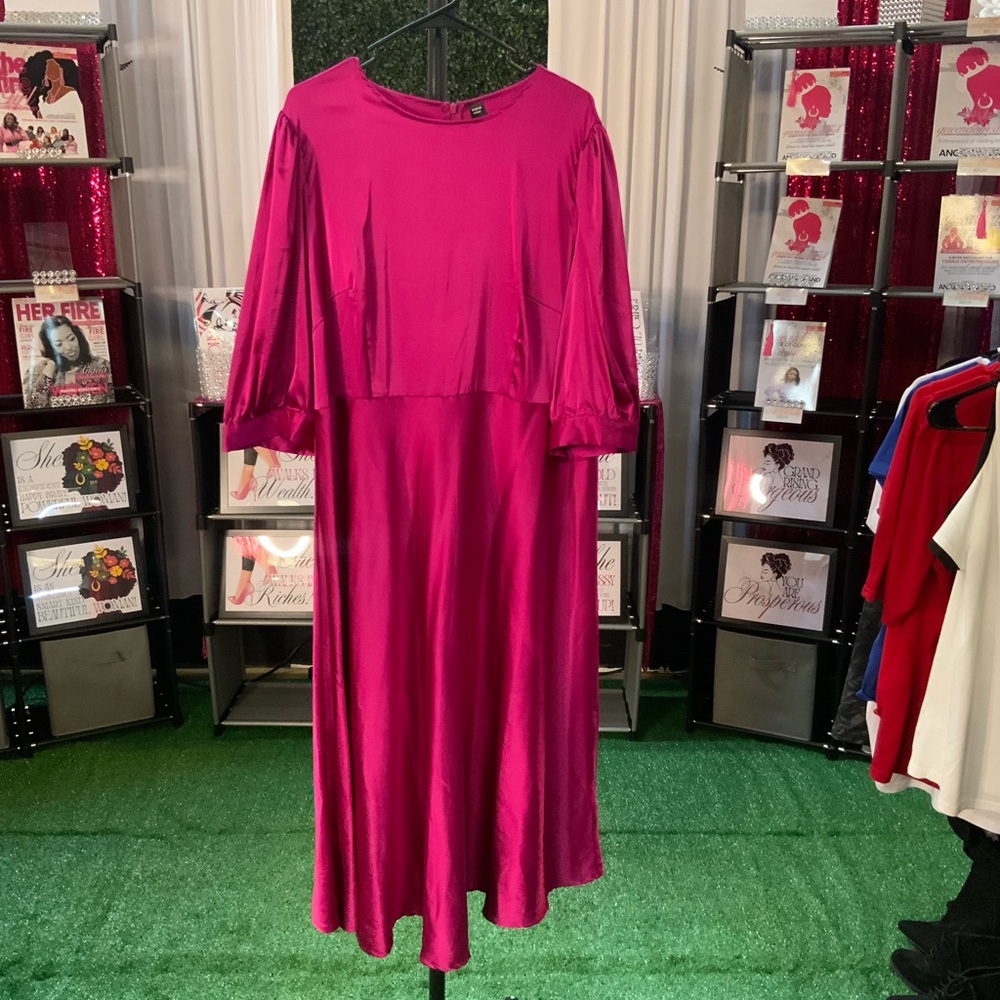 Satin Midi Dress in Hot Pink — Relaxed Balloon Sleeve